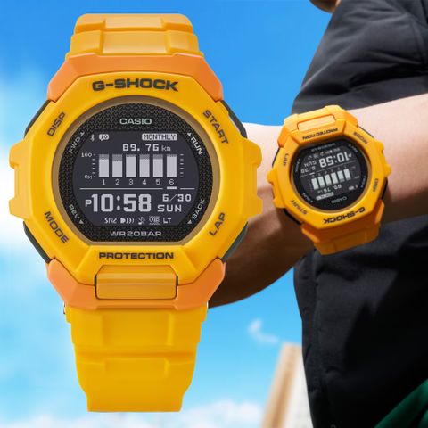 CASIO 卡西歐 G-SHOCK G-SQUAD 跑步訓練 藍芽手機連結 多功能運動錶-黃 GBD-300-9