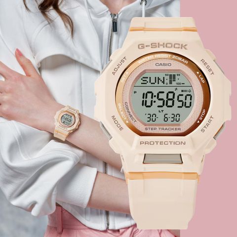 CASIO 卡西歐 G-SHOCK WOMEN 智慧藍芽 計步器 自然色調運動錶-粉 GMD-B300-4