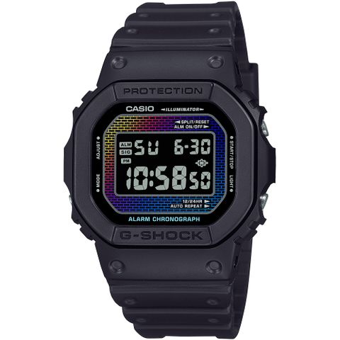 CASIO 卡西歐 G-SHOCK 彩虹磚牆霧黑經典方形計時錶/DW-5600RW-1