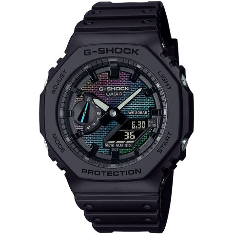 CASIO 卡西歐 G-SHOCK 彩虹磚牆霧黑八角造型計時錶/GA-2100RW-1A