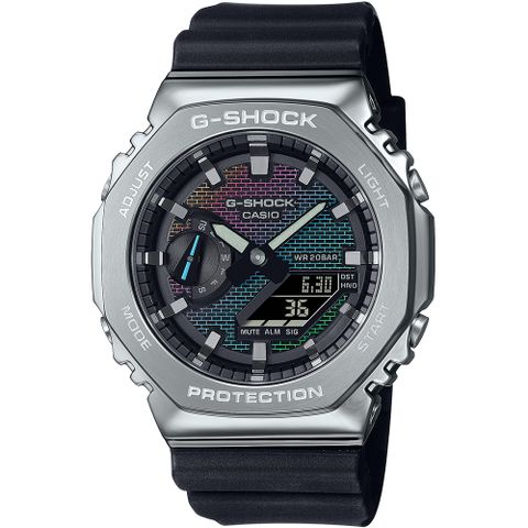 CASIO 卡西歐 G-SHOCK 彩虹磚牆金屬八角造型計時錶/GM-2100RW-1A