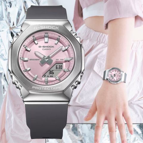 CASIO 卡西歐 G-SHOCK WOMEN 金屬錶殼 時尚色彩 八角形纖薄雙顯錶-粉 GM-S2110-4A