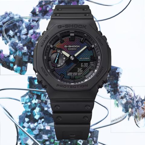 CASIO 卡西歐 G-SHOCK 彩虹磚牆 酷炫多彩 八角形雙顯錶 GA-2100RW-1A