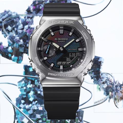 CASIO 卡西歐 G-SHOCK 彩虹磚牆 酷炫多彩 金屬錶殼八角形雙顯錶 GM-2100RW-1A