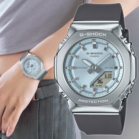 CASIO 卡西歐 G-SHOCK 金屬時尚八角造型計時錶/粉藍X灰/GM-S2110-2A