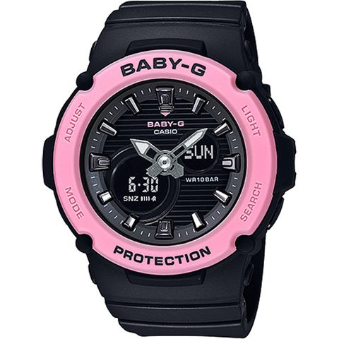 CASIO 卡西歐 BABY-G 仲夏海灘運動雙顯橡膠腕錶/黑x粉框(BGA-270-1ADR)