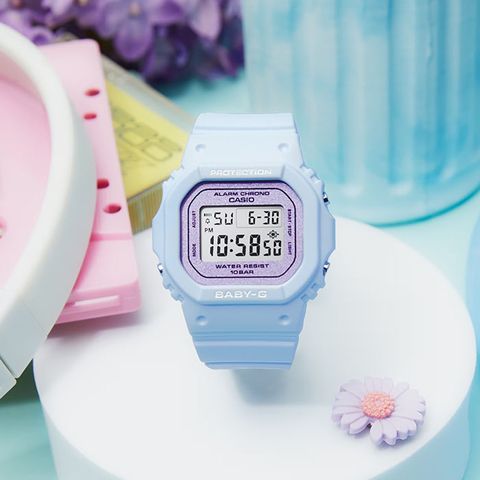 CASIO 卡西歐 Baby-G 經典方形 100米防水 運動電子錶 BGD-565SC-2 藍/珠光紫色