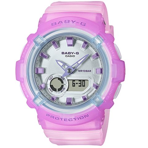 【CASIO 卡西歐】BABY-G LA 街頭設計 金屬光感 半透明 雙顯手錶-淺紫x粉 BGA-280-6A