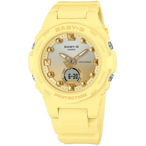 CASIO 卡西歐 Baby-G  / BGA-320-9A /  夏日海洋 漸層色彩 雙顯 世界時間 防水100米 橡膠手錶 檸檬黃色 42mm