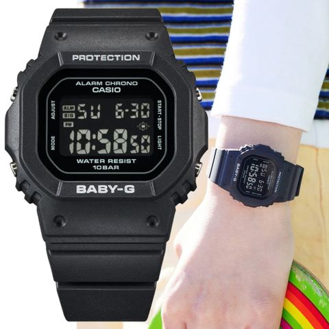 CASIO 卡西歐 BABY-G 纖薄經典方形電子錶-時尚黑 (BGD-565-1 防水100米)