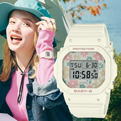 送保濕護手霜，送完為止CASIO BABY-G 花海綻放方形計時錶/白/BGD-565RP-7