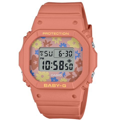 【CASIO 卡西歐】BABY-G 迷人花卉 復古懷舊流行色彩經典電子錶 粉橘色 BGD-565RP-4_37.9mm