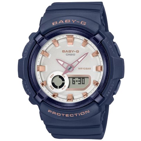 CASIO 卡西歐 BABY-G 俐落簡約 休閒藍 珍珠光感錶圈 雙顯系列 BGA-280BA-2A_43.4mm