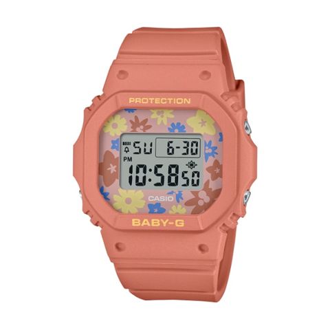 【CASIO BABY-G】復古花田設計方形電子休閒腕錶-鮭魚粉/BGD-565RP-4/台灣總代理公司貨享一年保固