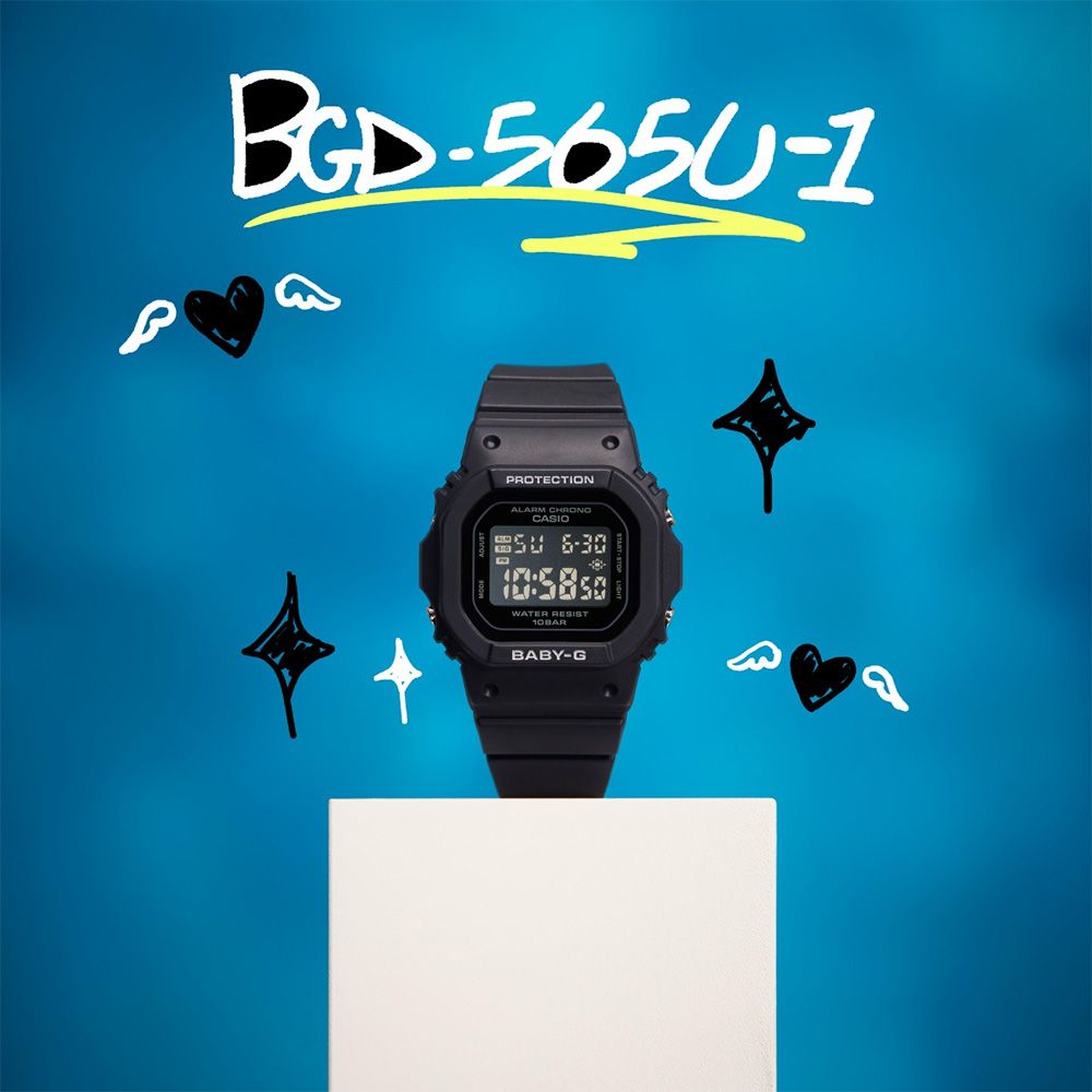 CASIO 卡西歐  BABY-G 輕薄時尚方形計時錶/黑/BGD-565U-1