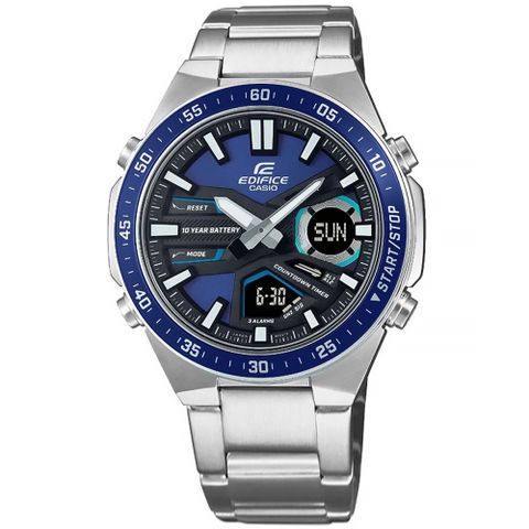 EDIFICE CASIO / EFV-C110D-2A / 卡西歐 世界時間 十年電力 雙顯 防水100米 不鏽鋼手錶 紫藍色 47mm
