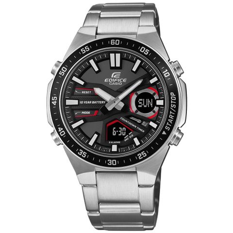 CASIO 卡西歐 EDIFICE  / EFV-C110D-1A4 /  世界時間 十年電力 雙顯 防水100米 不鏽鋼手錶 黑紅色 47mm