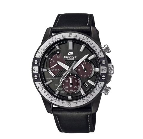 【CASIO EDIFICE】金屬撞色感太陽能真皮腕錶-沉穩黑/EQS-930TL-1AV/台灣總代理公司貨享一年保固