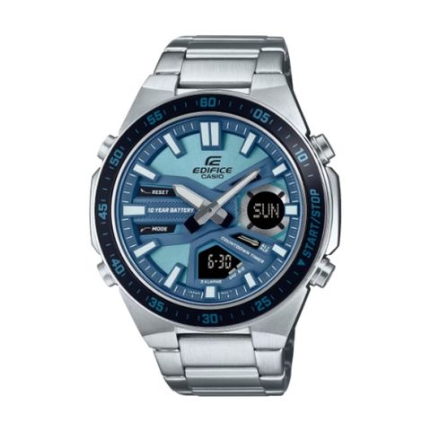 【CASIO EDIFICE】十年電力雙顯示系列賽車鋼帶運動腕錶-碧海藍/EFV-C110D-2B/台灣總代理公司貨享一年保固