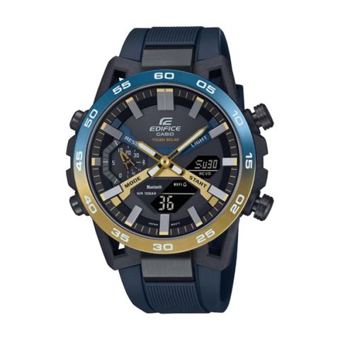 【CASIO EDIFICE】NIGHTTIME DRIVE系列太陽能矽膠腕錶-藍黃款/ECB-2000NP-1A/台灣總代理公司貨享一年保固