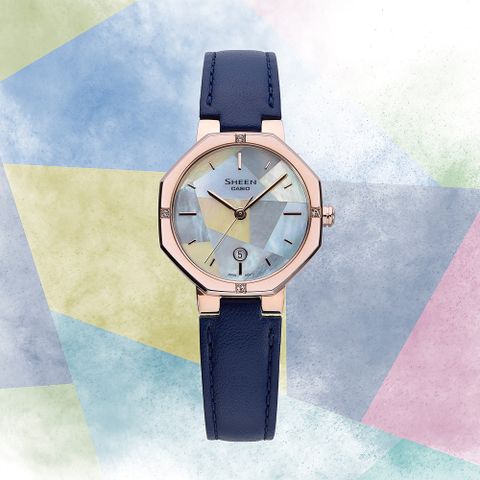 熱銷品牌▼日系手錶CASIO 卡西歐 SHEEN 拚色系 珍珠貝日期手錶-藍 SHE-4543CGL-2A
