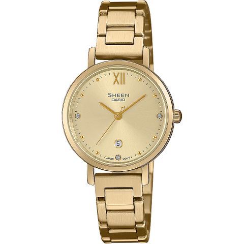 CASIO 卡西歐 SHEEN 簡約藍寶石水晶鏡面女錶-金 SHE-4540G-9A