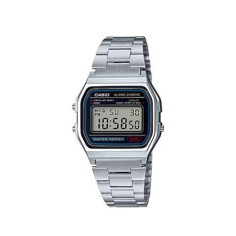 CASIO 卡西歐 A158WA 復古 微光照明 鬧鈴碼錶 不鏽鋼 中性 方形 電子錶 腕錶 33.2mm