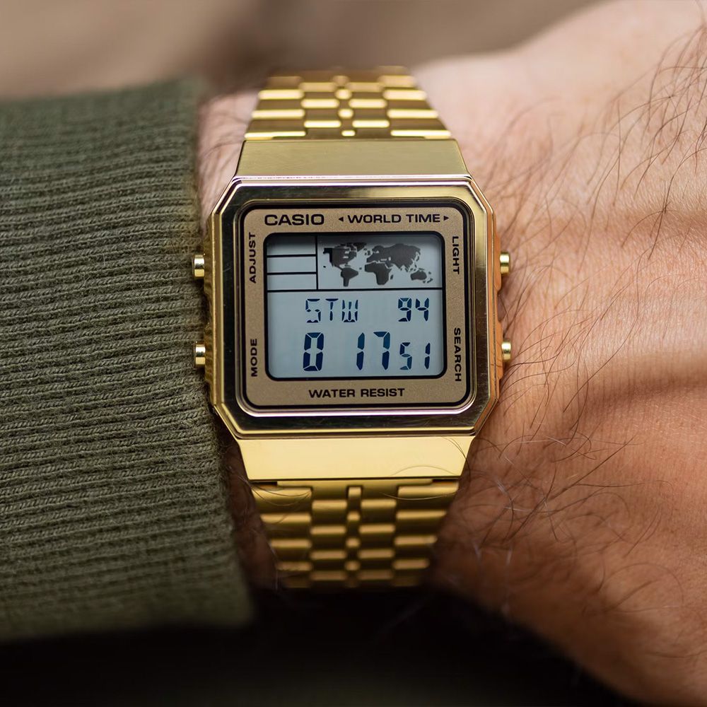 CASIO 卡西歐   A500WGA 星期日期 世界地圖 世界時間 LED 復古潮流 金方形 電子錶 手錶 34mm