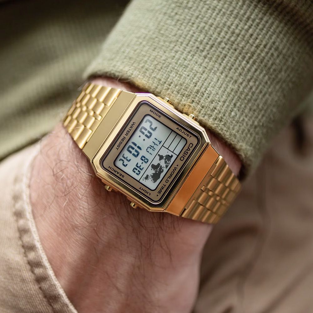 CASIO 卡西歐   A500WGA 星期日期 世界地圖 世界時間 LED 復古潮流 金方形 電子錶 手錶 34mm