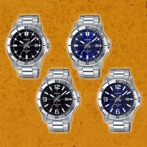 CASIO 卡西歐 MTP-VD01D 都市 紳士 時尚 無字 雙圈 易讀 日期顯示 運動型 不鏽鋼 手錶 45mm