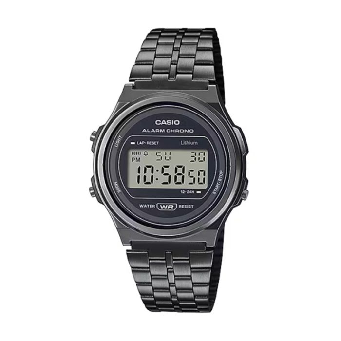  【CASIO 卡西歐】復古時尚電子不鏽鋼腕錶-槍黑款/A171WEGG-1A/台灣總代理公司貨享一年保固