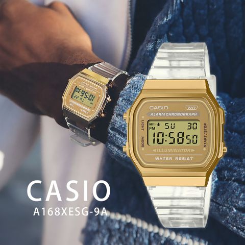 CASIO 卡西歐 A168XESG-9A 80年代懷舊雅致 日期星期 計時碼錶 EL背光 半透明錶帶 金 電子錶 手錶