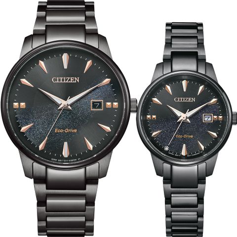 CITIZEN 星辰 光動能情侶手錶 對錶-銀河黑 BM7595-89E+EW2595-81E