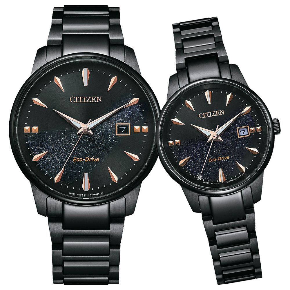 CITIZEN 星辰 亞洲限定款光動能都會時尚對錶/銀河黑金 (BM7595-89E+EW2595-81E)