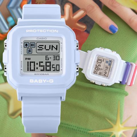 CASIO 卡西歐 BABY-G+PLUS 色彩繽紛錶帶環 像素動畫電子錶-淡藍 BGD-10L-2