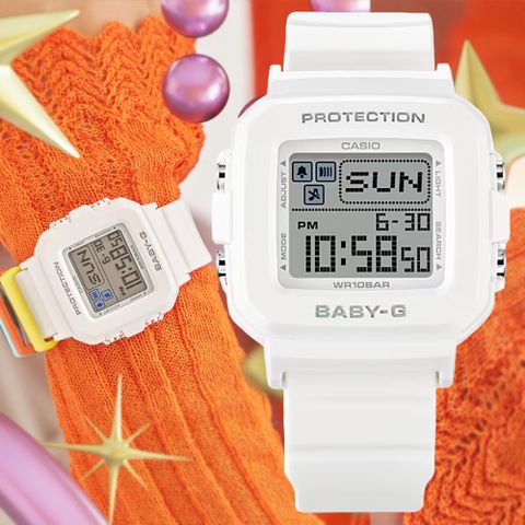 CASIO 卡西歐 BABY-G+PLUS 色彩繽紛錶帶環 像素動畫電子錶-白色 BGD-10L-7