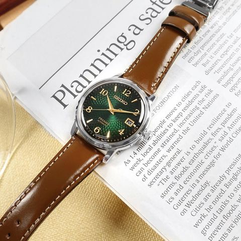 SEIKO 精工 / 4R35-04A0G / PRESAGE 調酒師系列 機械錶 自動上鍊 牛皮手錶 綠x銀x棕 38mm