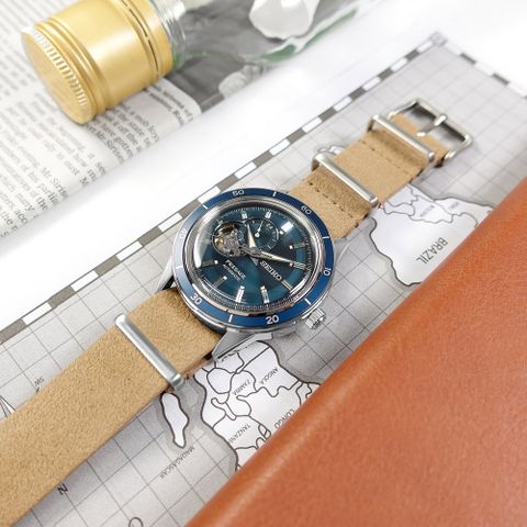 SEIKO 精工 / 4R39-01A0B.SSA453J1 / PRESAGE 復刻60年代 鏤空 機械錶 合成皮革手錶 藍x銀框x棕 41mm