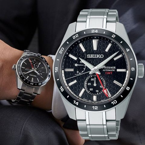 SEIKO精工 PRESAGE系列 新銳系列 麻葉圖騰 GMT機械腕錶 42.2mm (6R64-00C0D/SPB221J1)