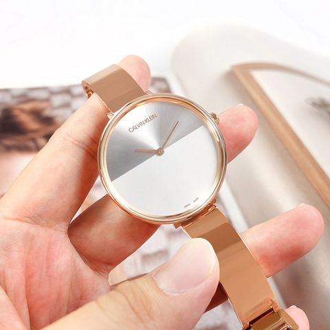 CK / K7A23646 / 晨曦系列 優雅迷人 超薄 手環式 不鏽鋼手錶 銀白x鍍玫瑰金 38mm