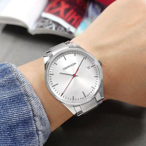 CK / K4N2114Y / 率性紳士 都會時尚 礦石強化玻璃 日期 不鏽鋼手錶 銀色 40mm