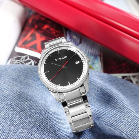 CK / K4N2114X / 率性紳士 都會時尚 礦石強化玻璃 日期 不鏽鋼手錶 黑色 40mm