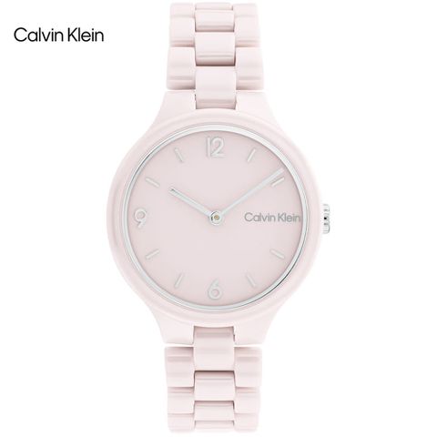 送吊墜項鍊，多重好禮Calvin Klein 簡約時尚陶瓷腕錶/粉/32mm/CK25200077