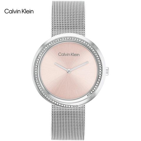 送吊墜項鍊，多重好禮Calvin Klein 典雅晶鑽米蘭帶腕錶/粉X銀/34mm/CK25200149