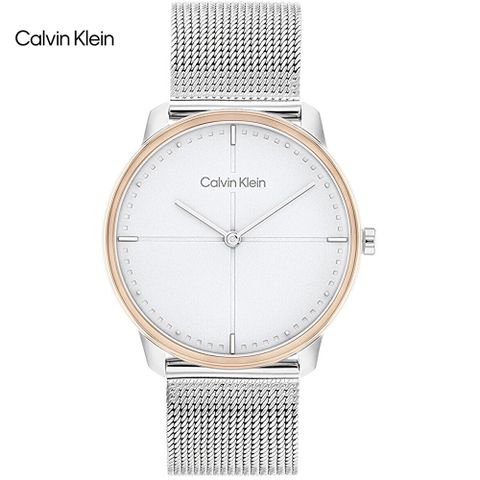 新品公司貨，送吊墜項鍊Calvin Klein 都會時尚米蘭帶腕錶/銀X玫瑰金/35mm/CK25200157