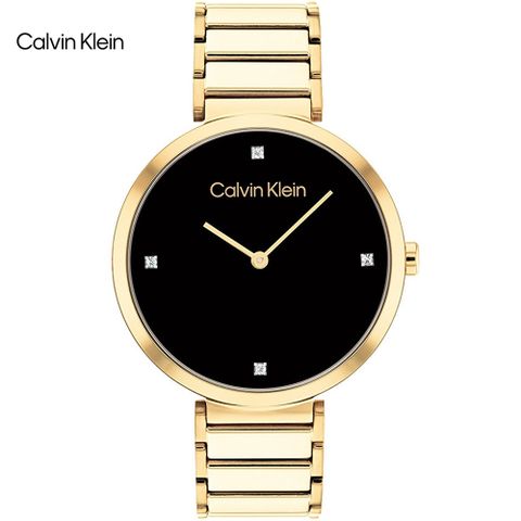 新品公司貨，送吊墜項鍊Calvin Klein 典雅晶鑽氣質腕錶/黑X金/36mm/CK25200136