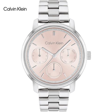 新品公司貨，送吊墜項鍊Calvin Klein 典雅晶鑽時尚腕錶/粉X銀/38mm/CK25200176