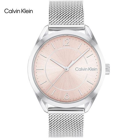 新品公司貨，送吊墜項鍊Calvin Klein 簡約時尚米蘭帶腕錶/粉X銀/36mm/CK25200193