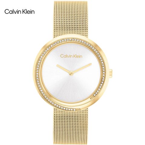 新品公司貨，送吊墜項鍊Calvin Klein 典雅晶鑽米蘭帶腕錶/黑X玫瑰金/34mm/CK25200150