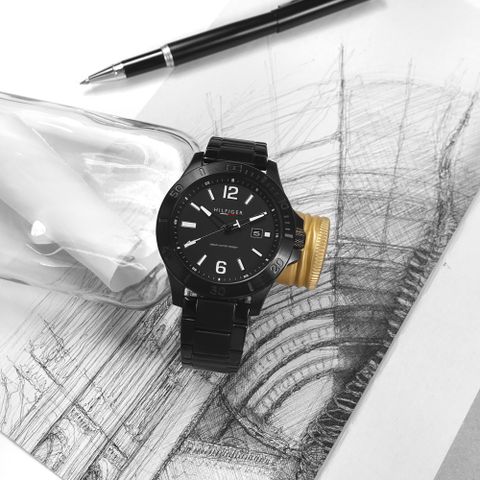 TOMMY HILFIGER / 1791996 / 大刻度 運動風 休閒都會 礦石強化玻璃 日期 不鏽鋼手錶 鍍黑 46mm